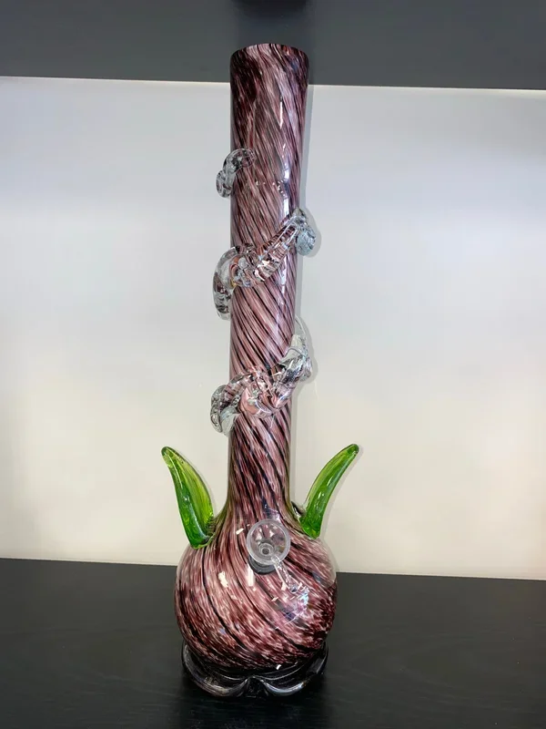 16″ Wave Base Dual Leaf Twisted Glow in the Dark Wave Grip Soft Glass Water Pipe – with Funnel Slider