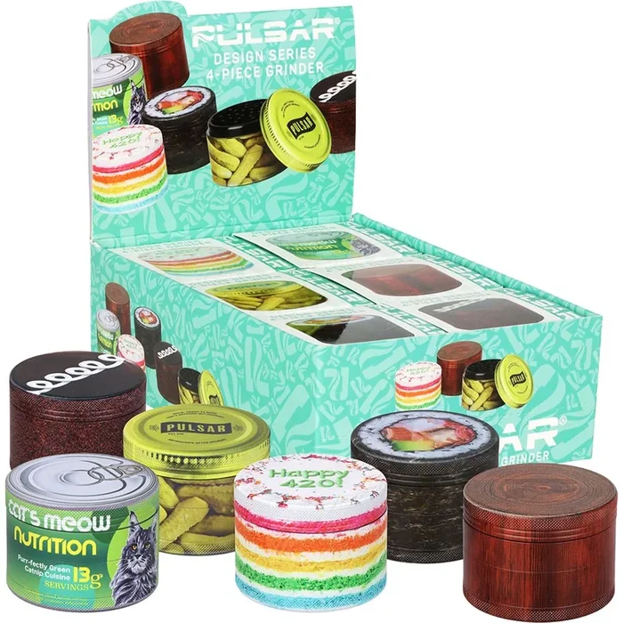 6CT DISPLAY – Pulsar Design Series Aluminum Grinder V3 – 4pc / 2.5″ / Assorted Designs