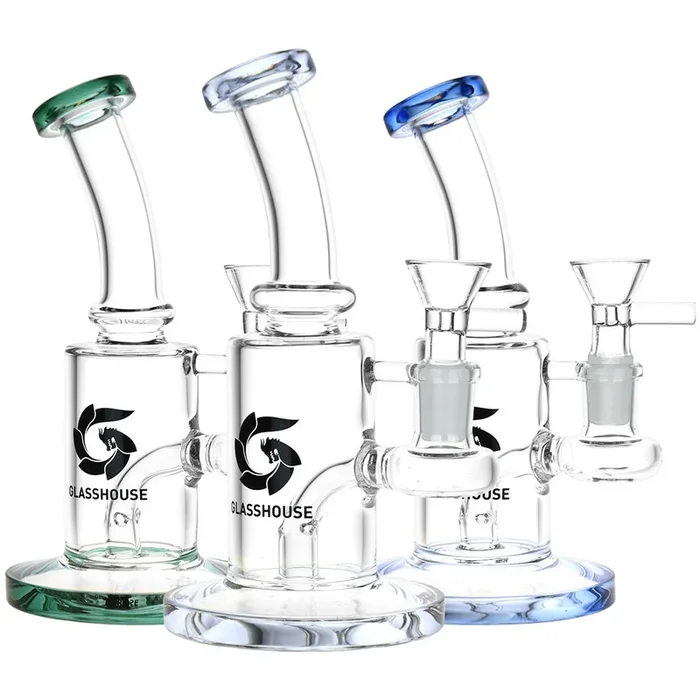 Glass House Bent Neck Glass Water Pipe – 6.75″ / 14mm F / Colors Vary