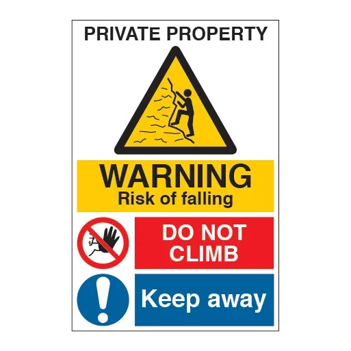 Private Property Warning Risk of Falling Do Not Climb Keep Away Sign