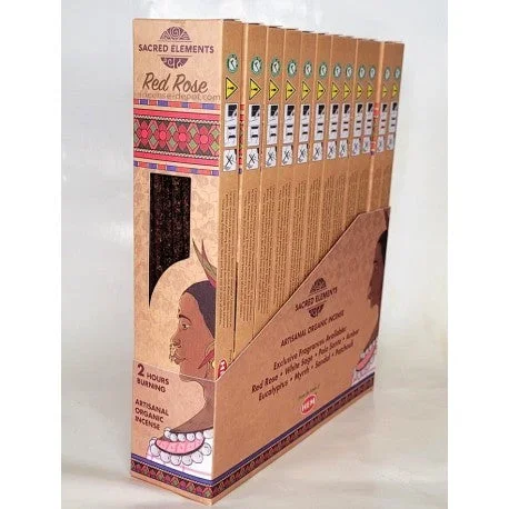 Sacred Elements Organic – Red Rose Premium Masala Hand‑Rolled Incense Sticks (15g, 2 hr burn, 8–10 sticks)