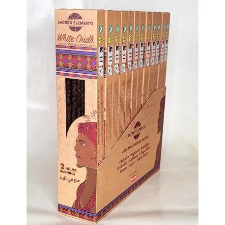 Sacred Elements Organic – White Oudh Premium Masala Hand‑Rolled Incense Sticks (15g, 2 hr burn, 8–10 sticks)