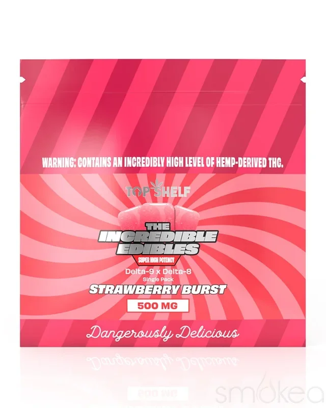 Top Shelf Hemp 500mg Delta 8 x Delta 9 Incredible Edibles – Strawberry Burst